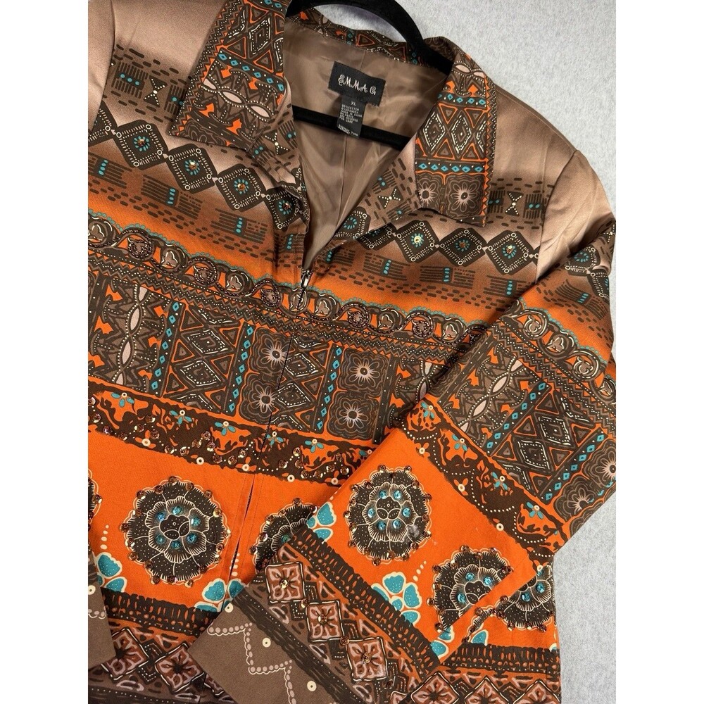 Emma G XL Brown Orange Turquoise Geometric Beaded Zip Front Jacket